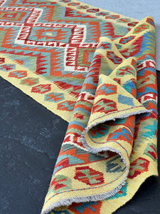 3x10 (90x335) Handmade Afghan Kilim Runner Rug | Teal Burnt Orange Ivory Blood Red Moss Green Olive Green | Hand Knotted Geometric Wool