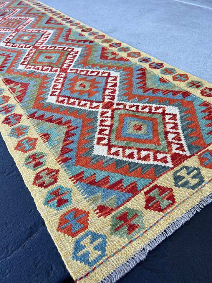 3x10 (90x335) Handmade Afghan Kilim Runner Rug | Teal Burnt Orange Ivory Blood Red Moss Green Olive Green | Hand Knotted Geometric Wool