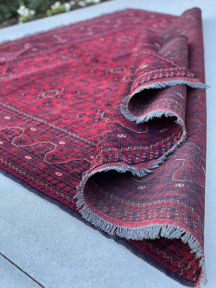 6x8 (180x245) Handmade Afghan Rug | Blood Crimson Red Indigo Charcoal Grey Ivory | Hand Knotted Floral Persian Turkish Wool