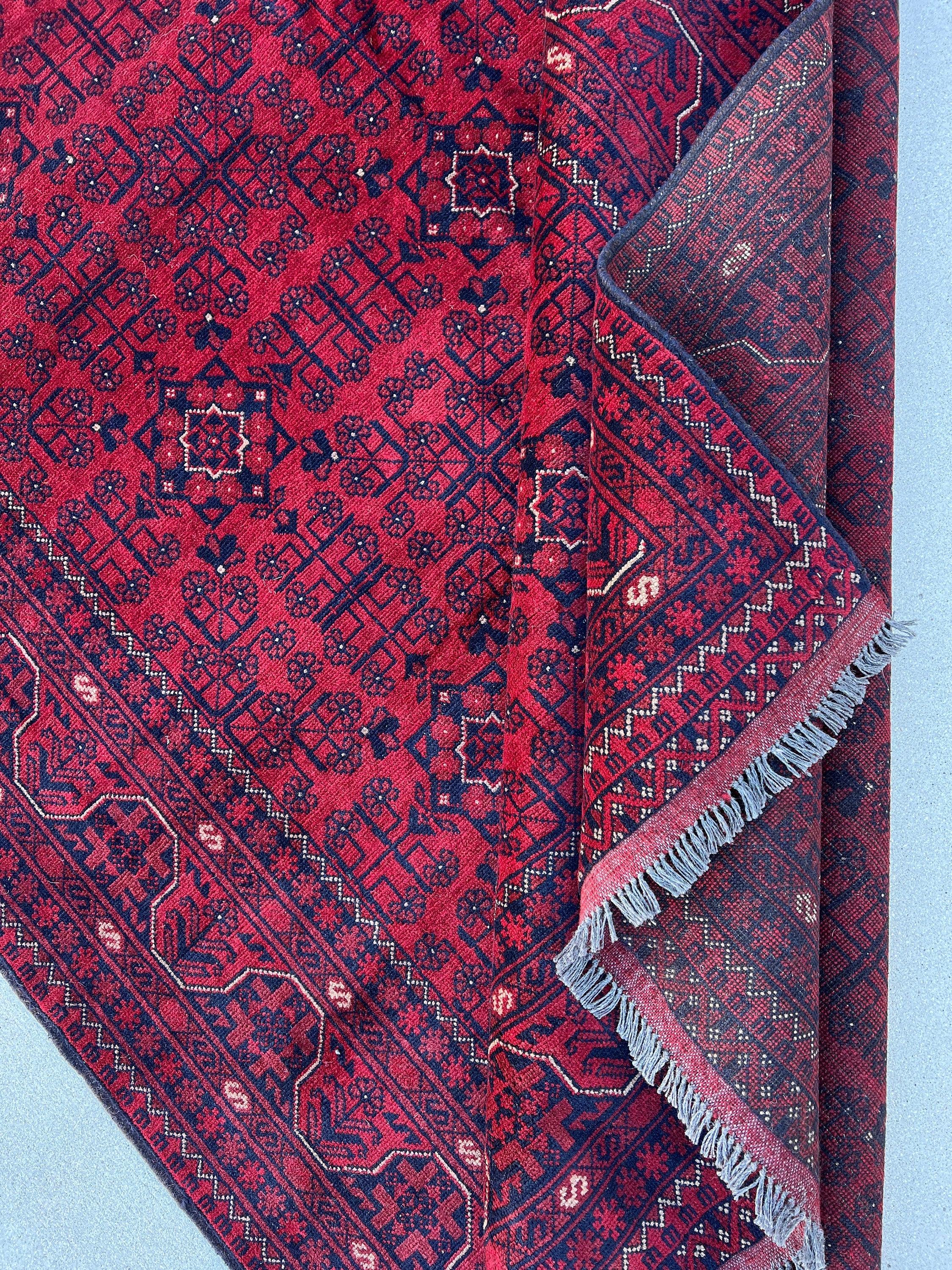 6x8 (180x245) Handmade Afghan Rug | Blood Crimson Red Indigo Charcoal Grey Ivory | Hand Knotted Floral Persian Turkish Wool