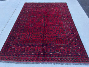 6x8 (180x245) Handmade Afghan Rug | Blood Crimson Red Indigo Charcoal Grey Ivory | Hand Knotted Floral Persian Turkish Wool