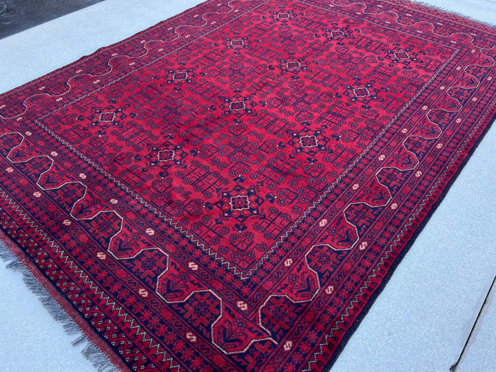 6x8 (180x245) Handmade Afghan Rug | Blood Crimson Red Indigo Charcoal Grey Ivory | Hand Knotted Floral Persian Turkish Wool