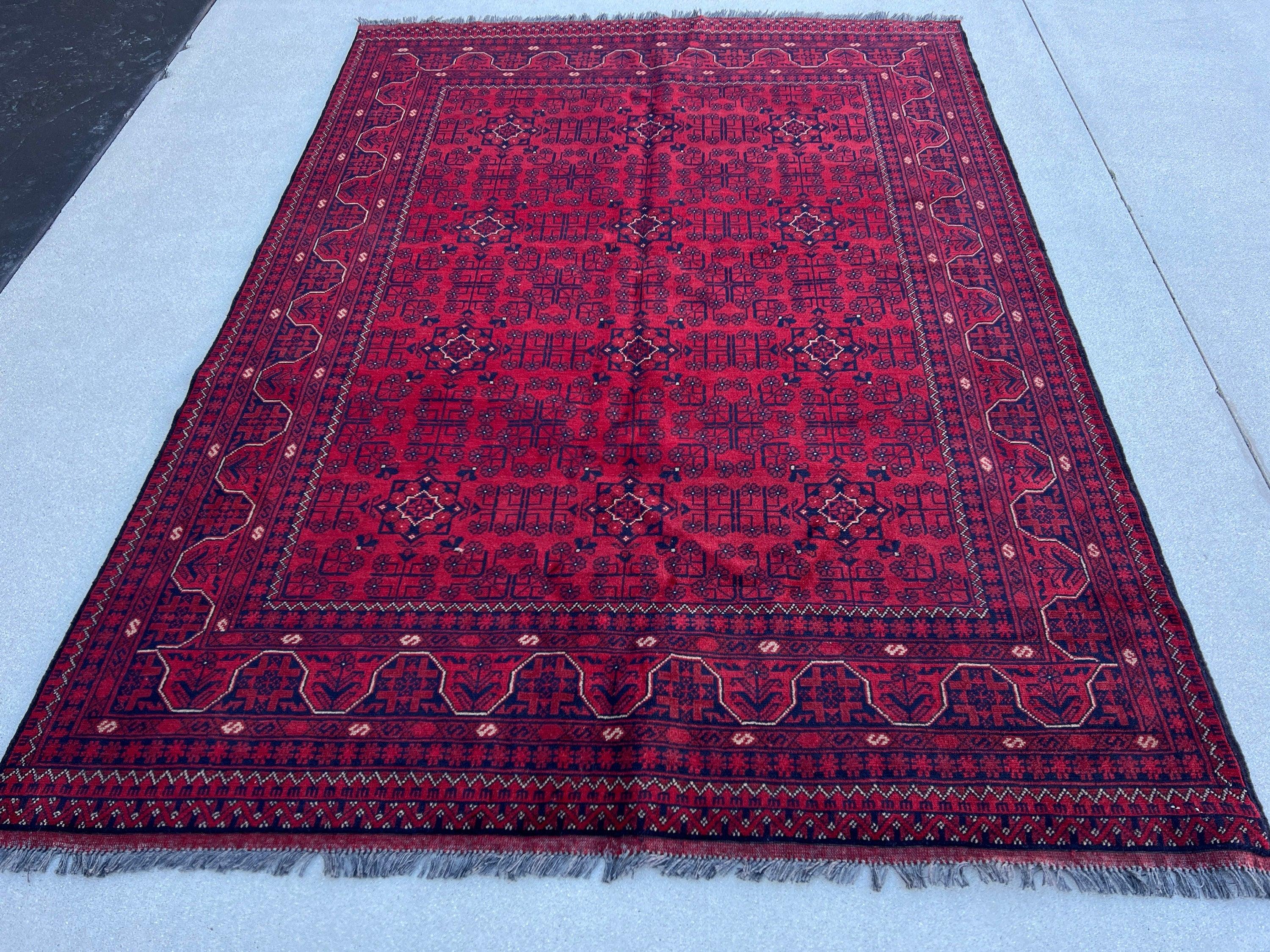 6x8 (180x245) Handmade Afghan Rug | Blood Crimson Red Indigo Charcoal Grey Ivory | Hand Knotted Floral Persian Turkish Wool