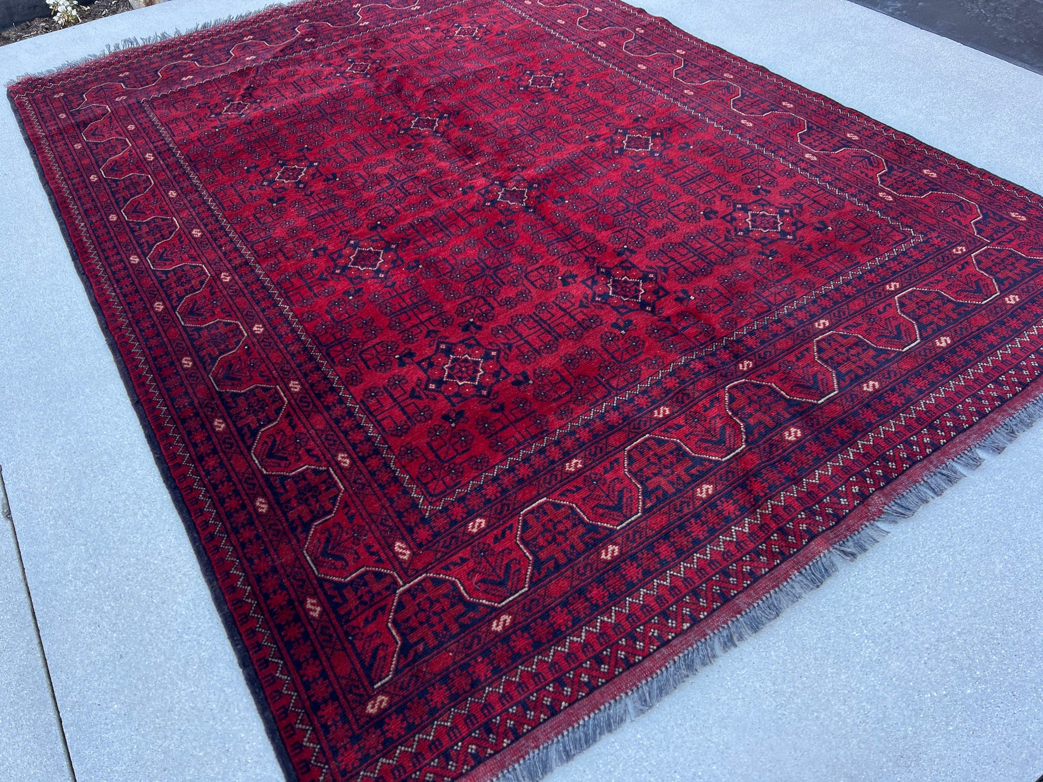 6x8 (180x245) Handmade Afghan Rug | Blood Crimson Red Indigo Charcoal Grey Ivory | Hand Knotted Floral Persian Turkish Wool
