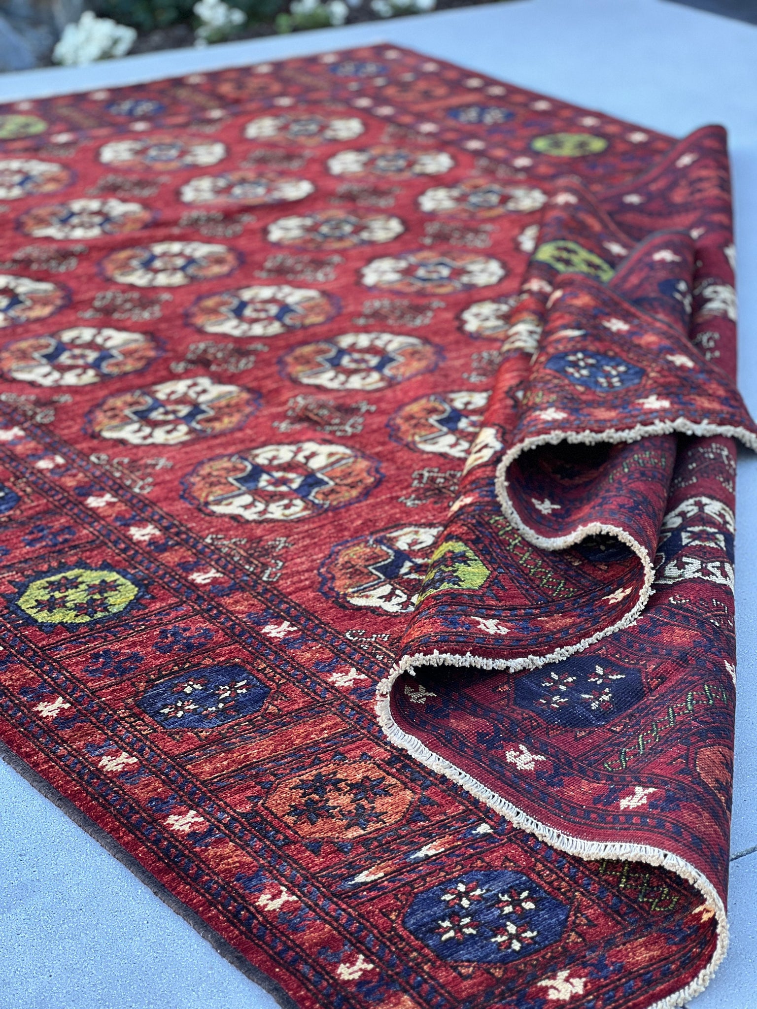 7x10 (210x322) Fair Trade Handmade Afghan Rug | Blood Red Midnight Blue Olive Green Burnt Orange Ivory | Hand Knotted Wool Turkmen Turkoman