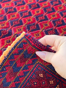 7x11 (210x322) Handmade Vintage Afghan Rug | Cherry Red Orange Navy Blue Chocolate Brown Crimson Red | Mishawani Kilim Barjasta Knotted Wool