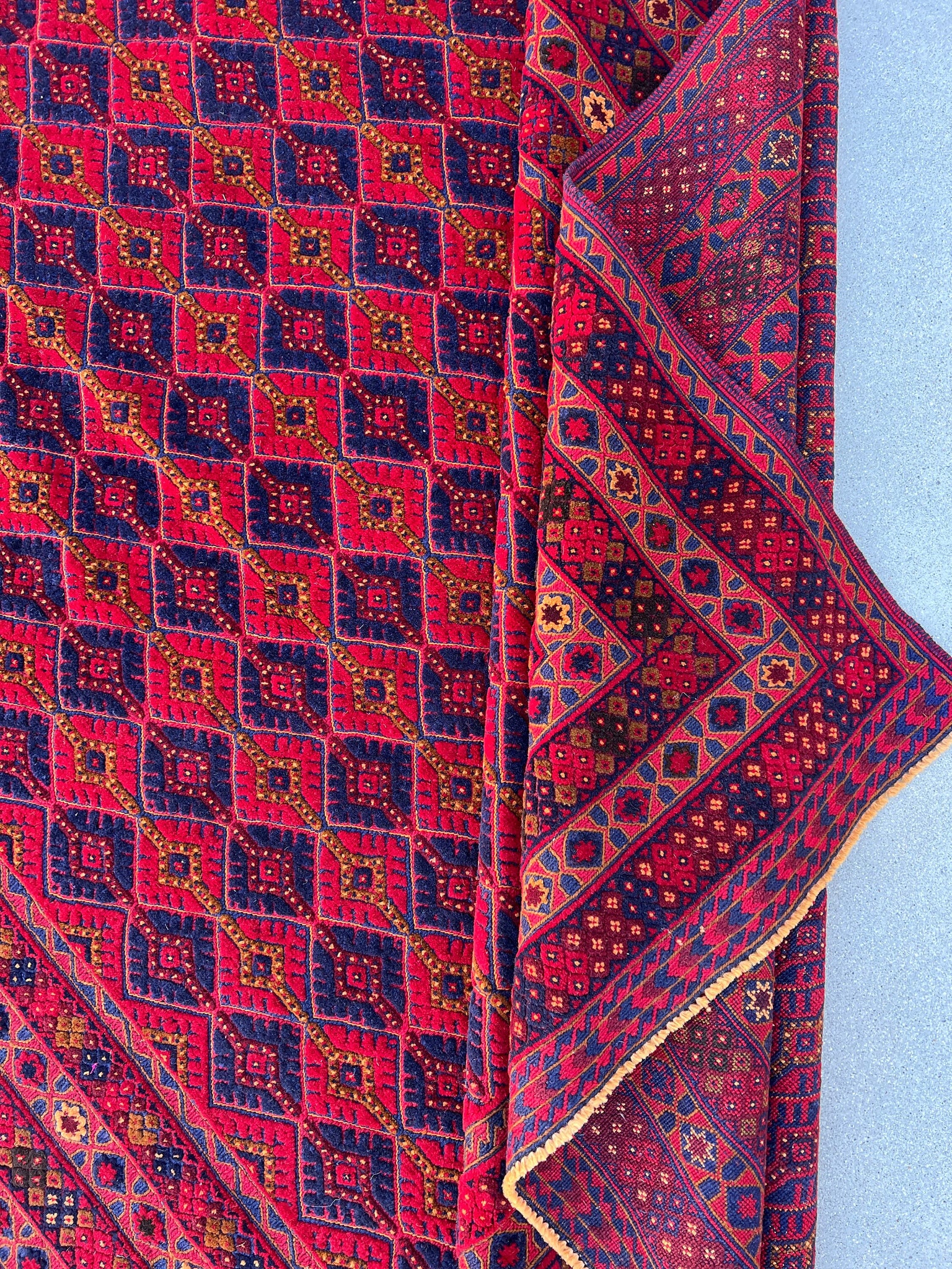 7x11 (210x322) Handmade Vintage Afghan Rug | Cherry Red Orange Navy Blue Chocolate Brown Crimson Red | Mishawani Kilim Barjasta Knotted Wool