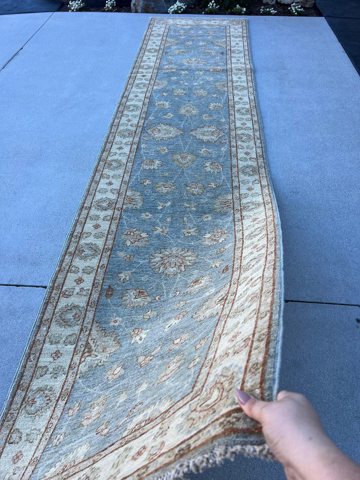 3x12 (90x365) Fair Trade Handmade Afghan Runner Rug | Dark Cool Grey Rust Umber Brown Sage Green Cream Ivory | Hand Knotted Wool Floral Boho