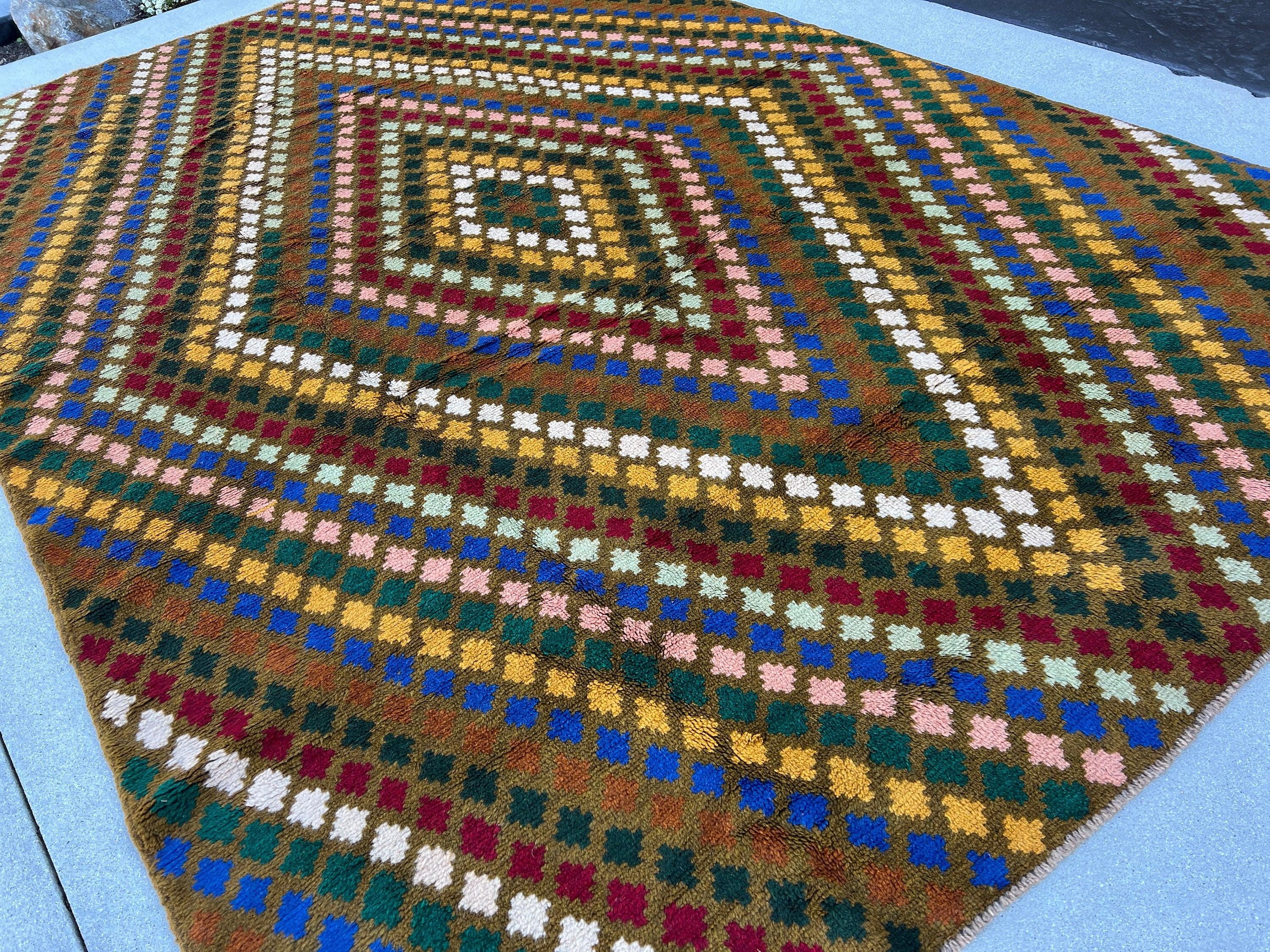 7x10 (210x322) Handmade Vintage Baluch Afghan Rug | Moss Green Ivory Crimson Red Blue Chocolate Mustard Forest Green Turquoise Rose Pink