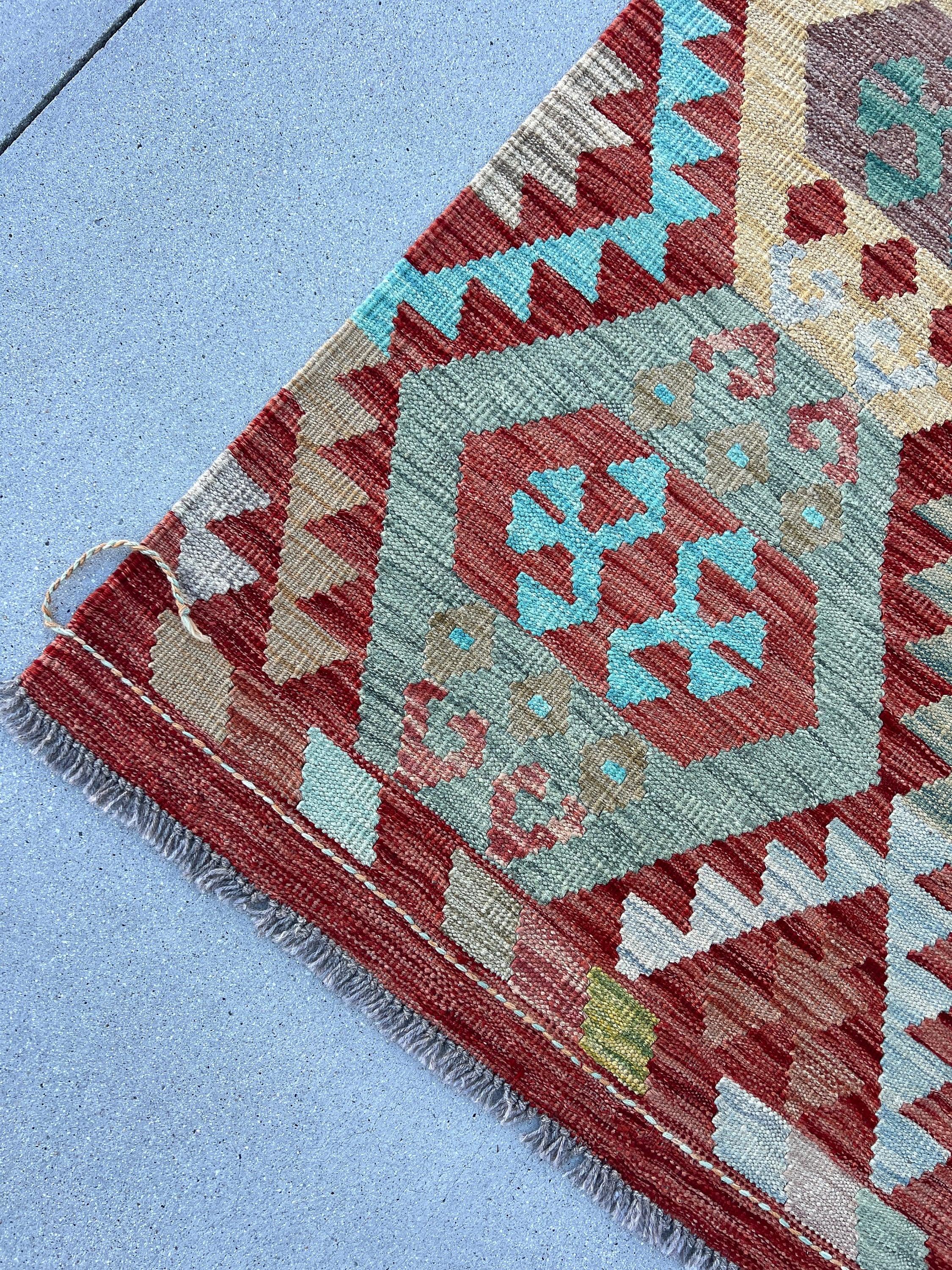 6x8 (180x245) Handmade Afghan Kilim Rug | Burnt Orange Sky Blue Teal Grey Turquoise Cream Beige Orange Chocolate Brown Blood Red | Flatweave