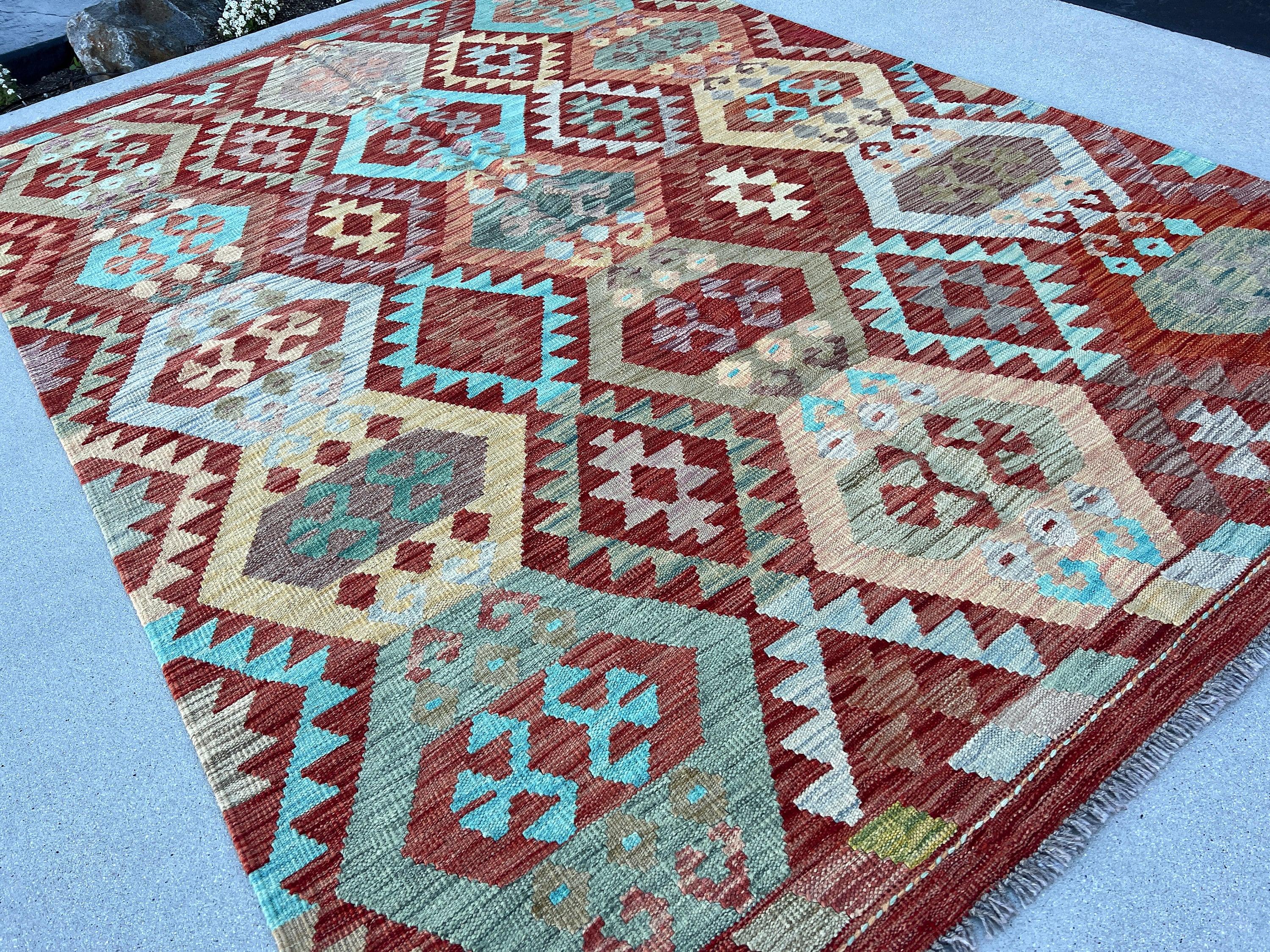 6x8 (180x245) Handmade Afghan Kilim Rug | Burnt Orange Sky Blue Teal Grey Turquoise Cream Beige Orange Chocolate Brown Blood Red | Flatweave