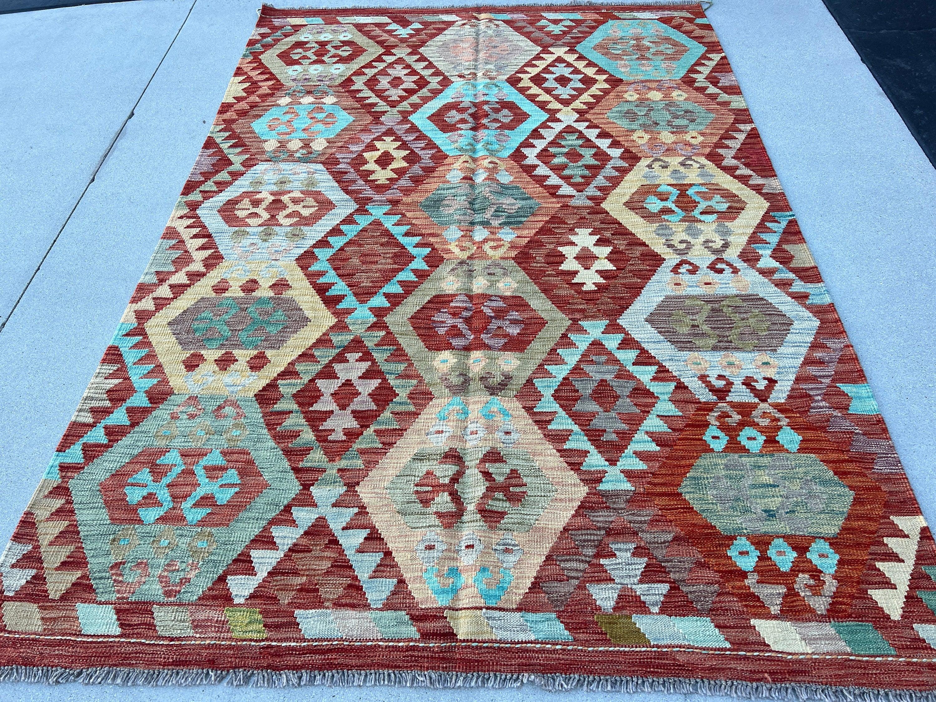 6x8 (180x245) Handmade Afghan Kilim Rug | Burnt Orange Sky Blue Teal Grey Turquoise Cream Beige Orange Chocolate Brown Blood Red | Flatweave