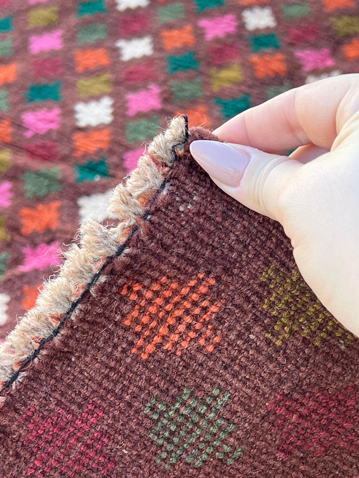 7x10 (210x322) Handmade Vintage Baluch Afghan Rug Mauve Purple Pine Green Rose Pink Ivory Burnt Orange Crimson Red Olive Moss Green Wool