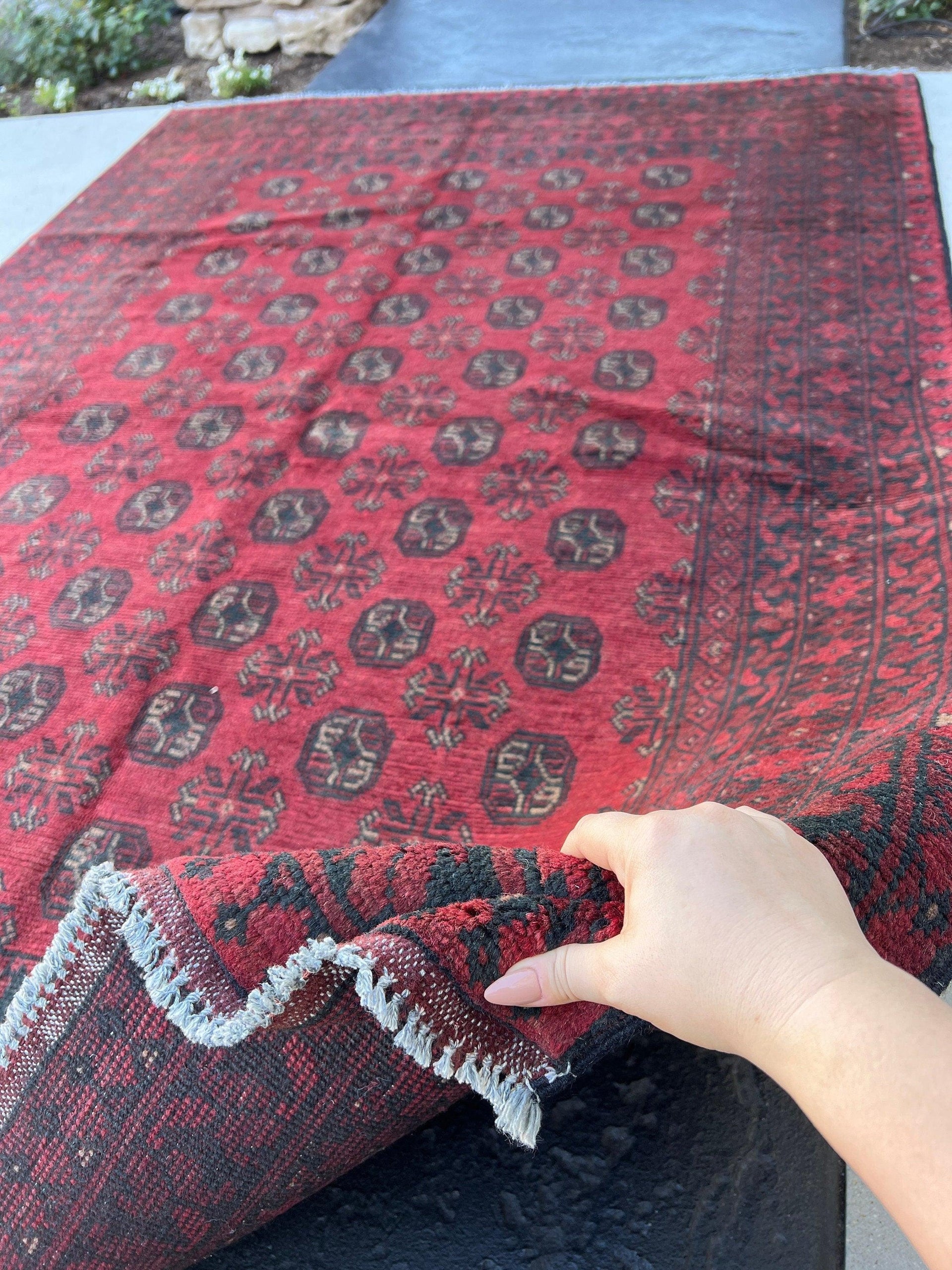 6x8 (180x245) Handmade Afghan Rug | Blood Red Black Beige | Hand Knotted Floral Persian Turkish Oriental Bohemian Wool