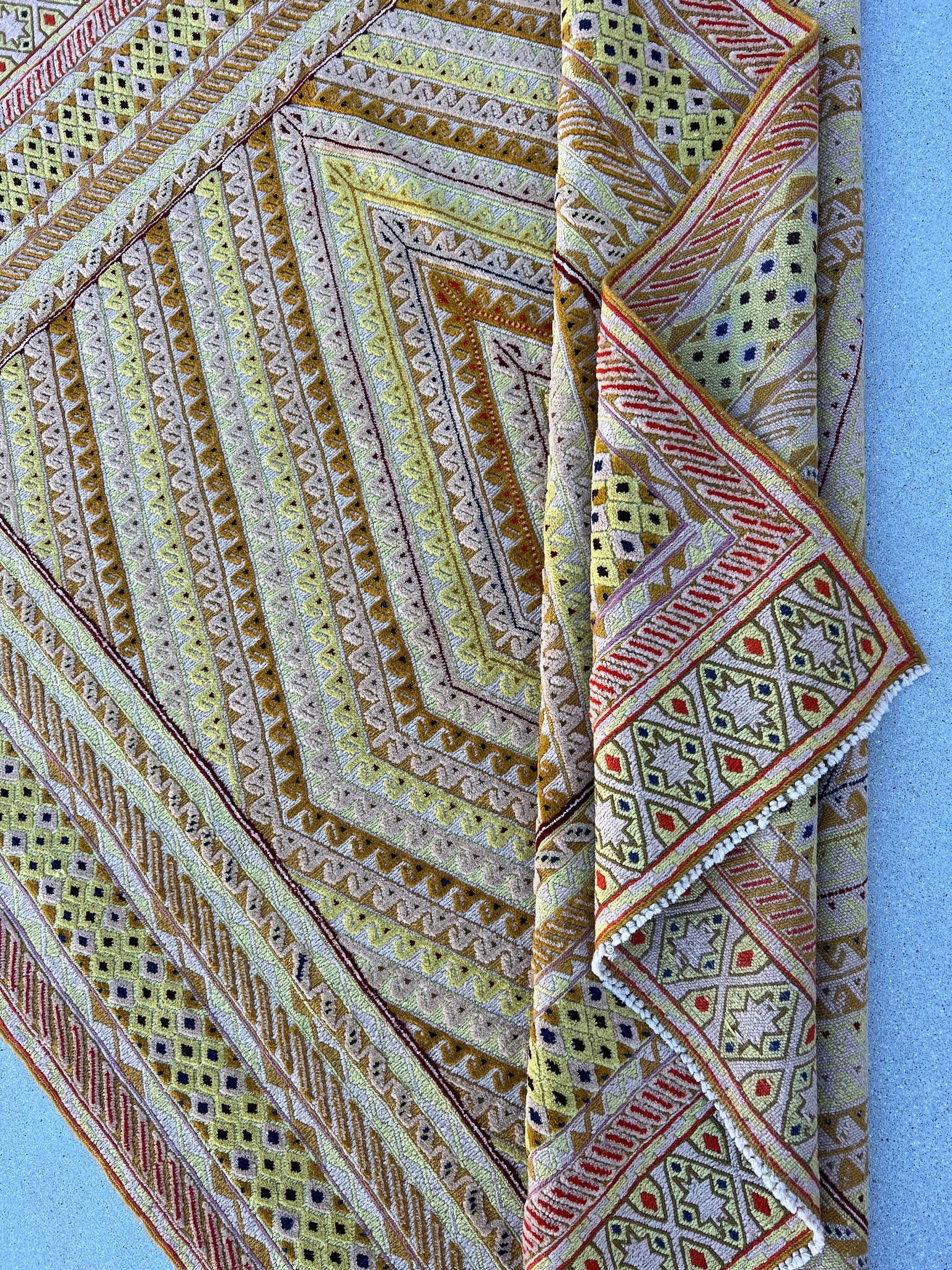 5x6 (150x180) Handmade Afghan Rug | Cornsilk Gold Moss Green Ivory Black Brick Red Tan | Geometric Hand Knotted Turkish Persian Wool