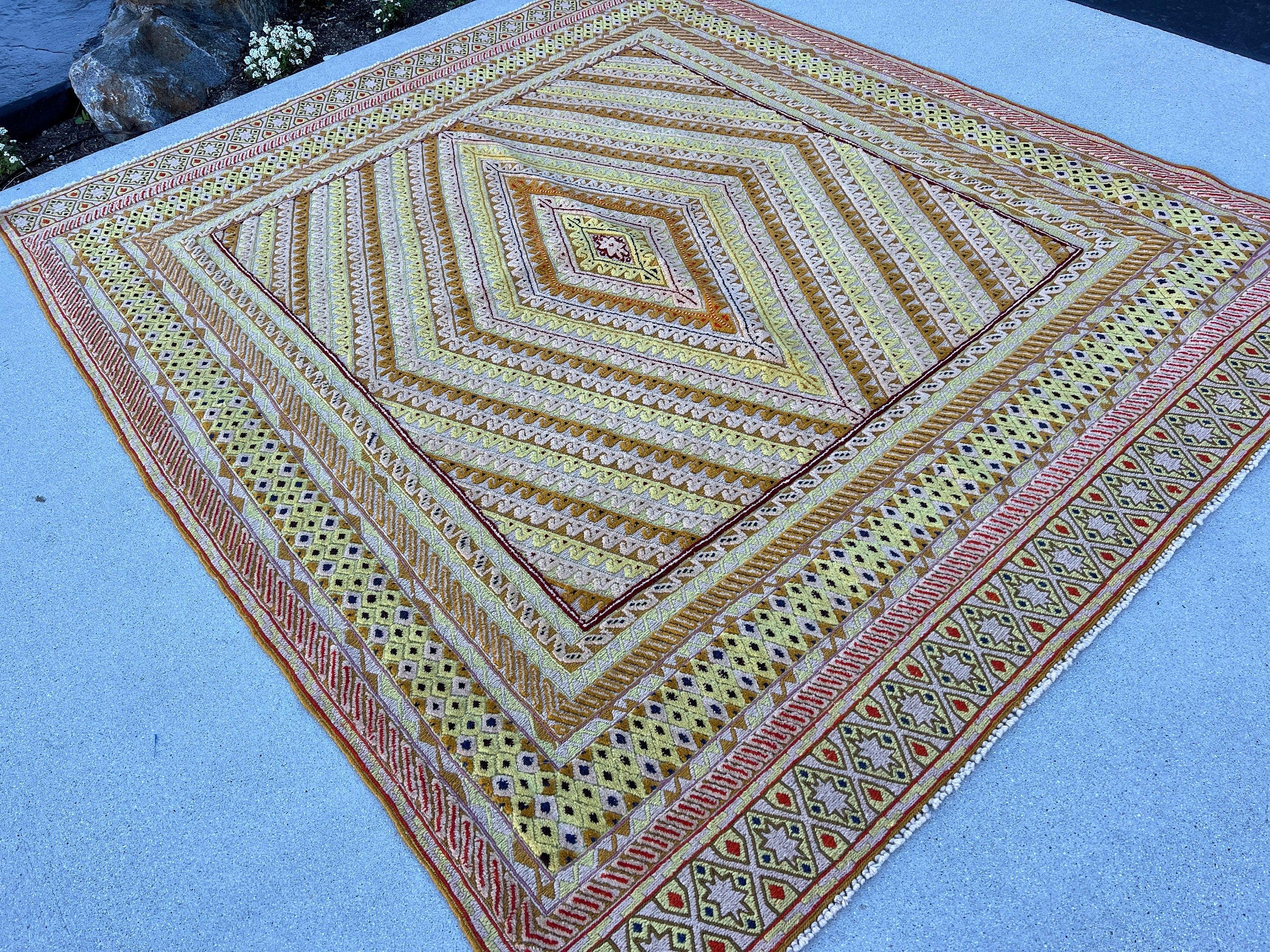 5x6 (150x180) Handmade Afghan Rug | Cornsilk Gold Moss Green Ivory Black Brick Red Tan | Geometric Hand Knotted Turkish Persian Wool