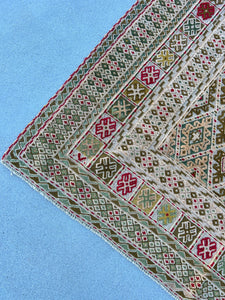 5x6 (150x180) Handmade Afghan Rug | Moss Green Ivory Pine Green Blood Red Cornsilk Yellow Teal Tan | Hand Knotted Geometric Wool Boho