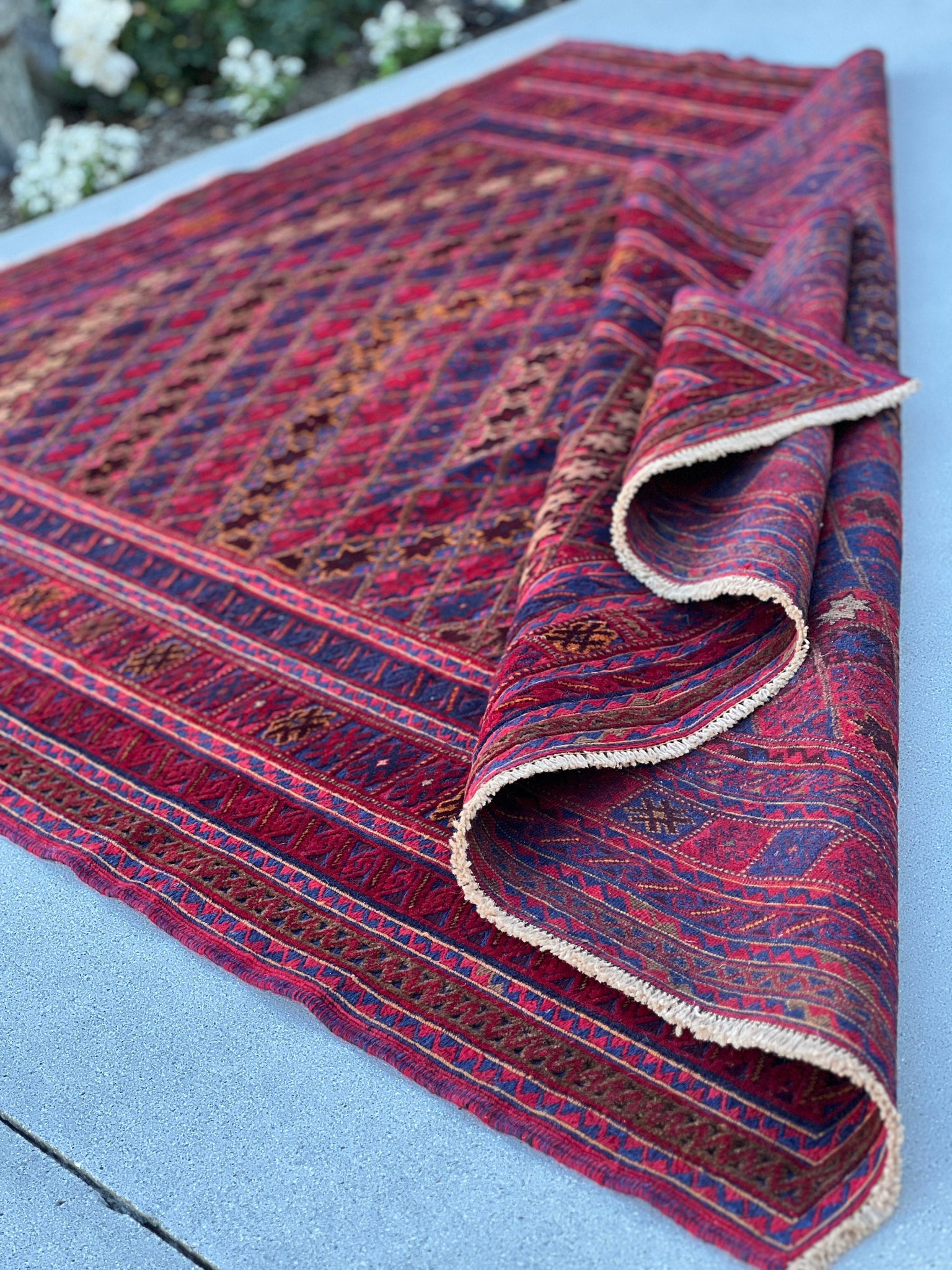 5x7 (150x215) Handmade Afghan Rug | Cherry Crimson Auburn Red Midnight Blue Caramel Brown Orange Tan Chocolate | Hand Knotted Turkish Wool