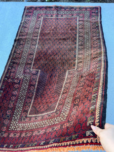 3x5 (100x180) Handmade Vintage Baluch Afghan Rug | Cherry Red Ivory Black Mustard Yellow Cream Beige Blush Pink Hand Knotted Prayer Rug Wool