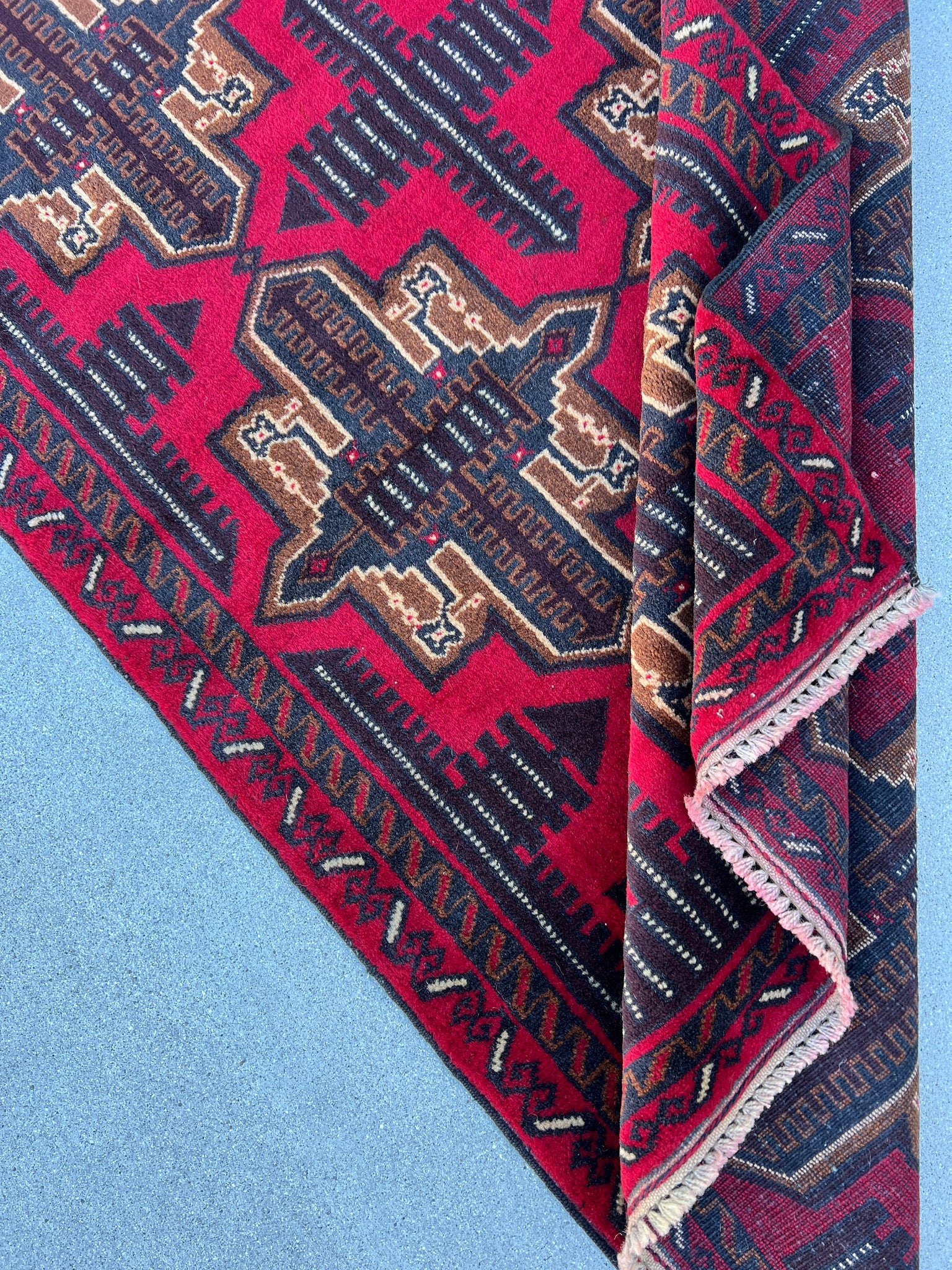 3x5 (100x180) Handmade Vintage Baluch Afghan Rug | Cherry Red Indigo Caramel Brown Ivory Cream Chocolate Brown | Hand Knotted Geometric Wool