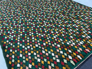 7x10 (210x322) Handmade Vintage Baluch Afghan Rug | Pine Green Ivory Blood Red Moss Green Mustard Yellow Forest Green Turquoise Blush Pink