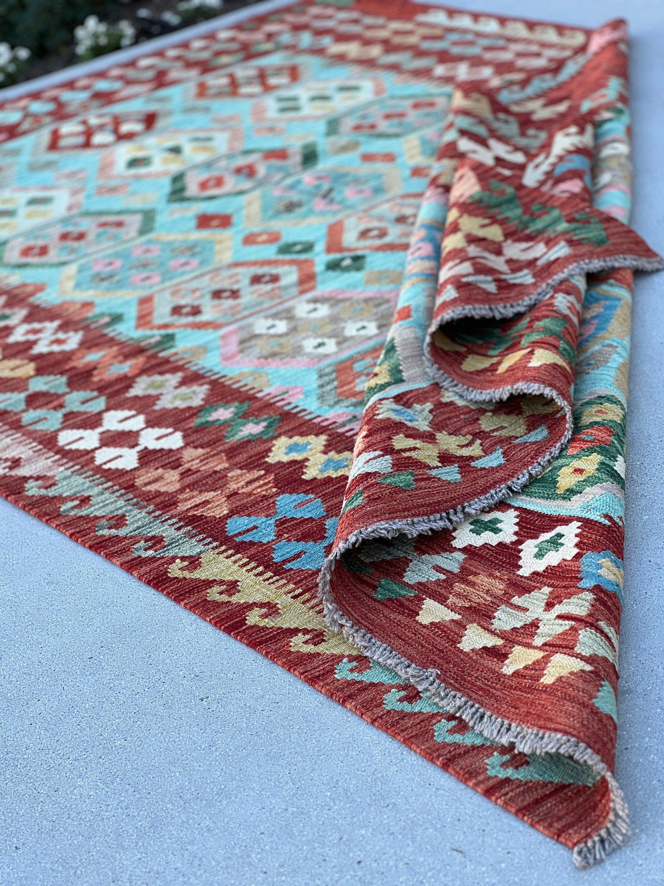 6x9 (180x275) Handmade Afghan Kilim Rug | Turquoise Brick Red Burnt Orange Pine Green Grey Salmon Pink Prussian Blue Taupe Chocolate Ivory