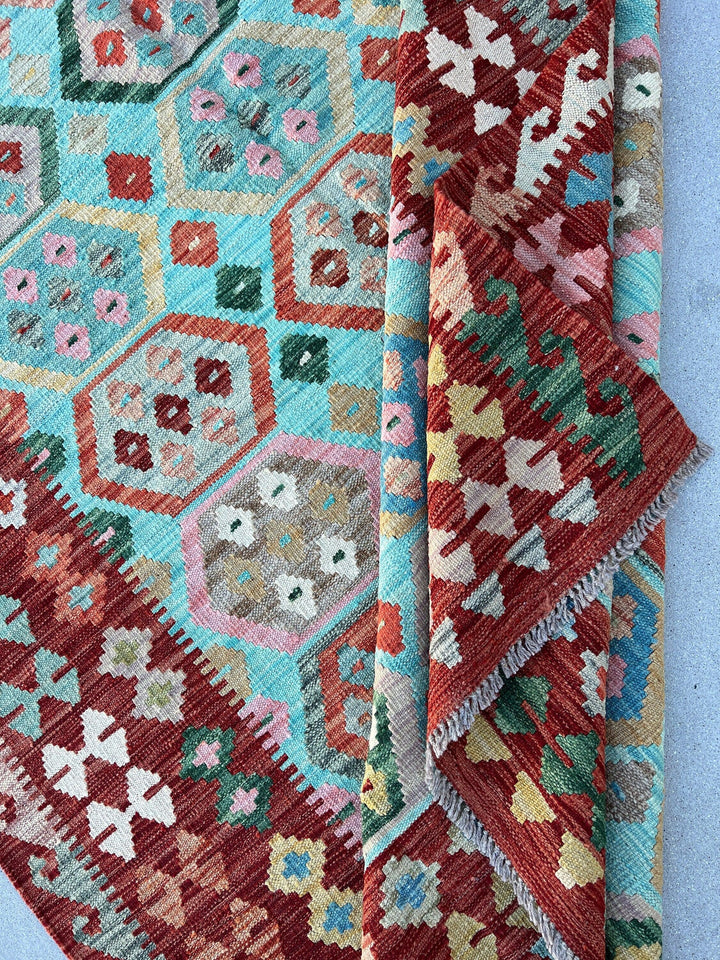 6x9 (180x275) Handmade Afghan Kilim Rug | Turquoise Brick Red Burnt Orange Pine Green Grey Salmon Pink Prussian Blue Taupe Chocolate Ivory