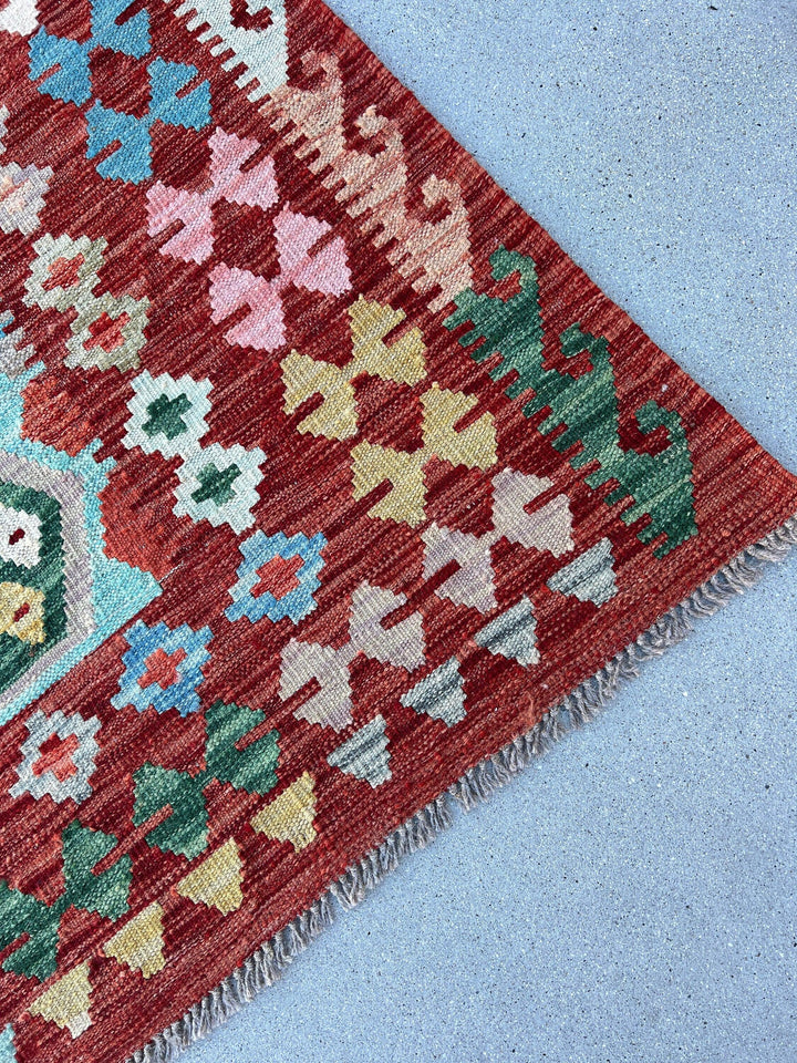 6x9 (180x275) Handmade Afghan Kilim Rug | Turquoise Brick Red Burnt Orange Pine Green Grey Salmon Pink Prussian Blue Taupe Chocolate Ivory