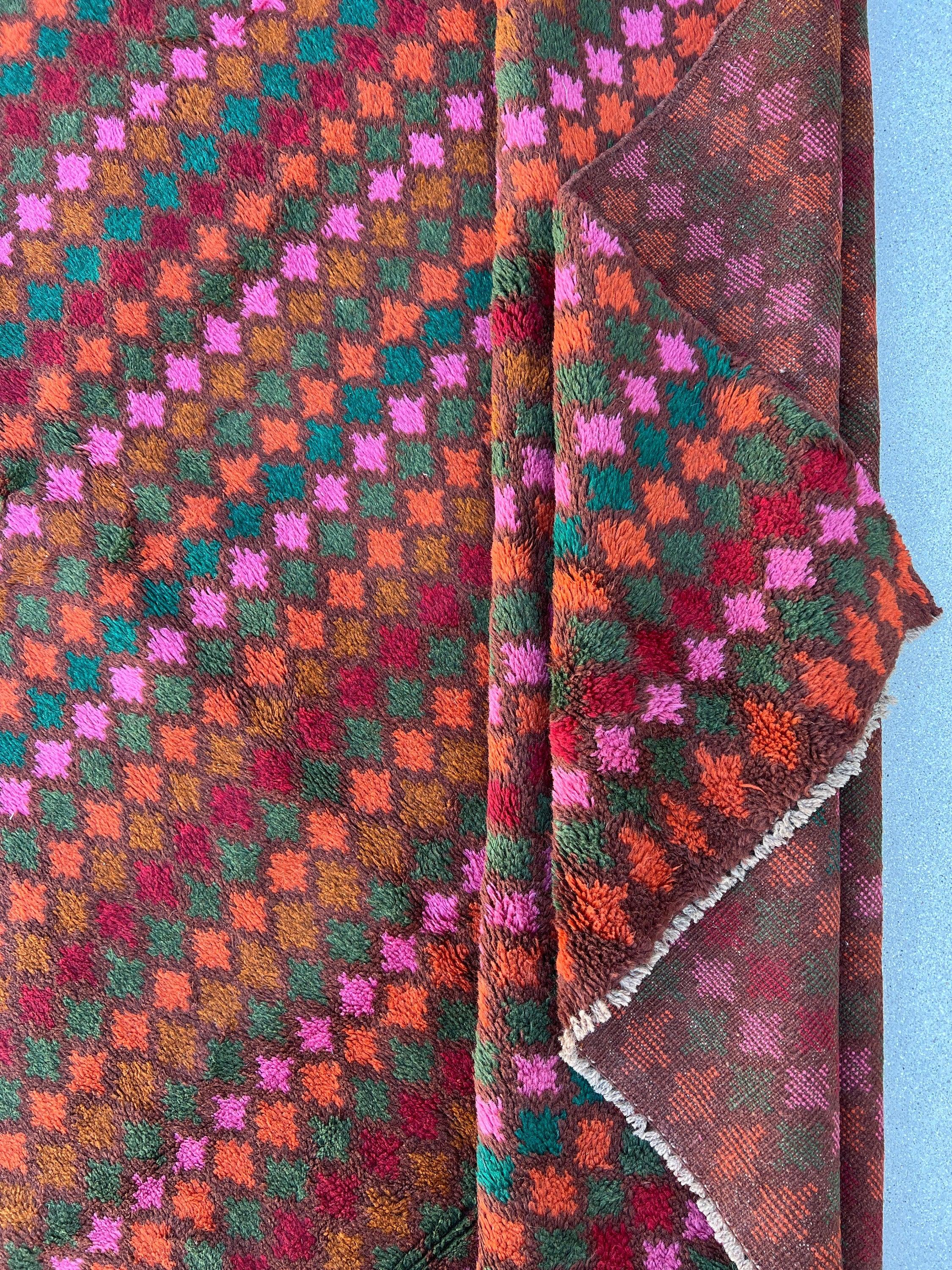 7x10 (215x305) Handmade Vintage Baluch Afghan Rug | Purple Mauve Auburn Chocolate Rose Pink Orange Pine Moss Green Taupe | Geometric Wool