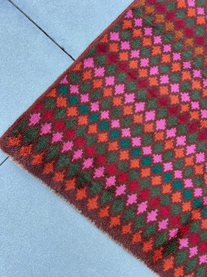 7x10 (215x305) Handmade Vintage Baluch Afghan Rug | Purple Mauve Auburn Chocolate Rose Pink Orange Pine Moss Green Taupe | Geometric Wool