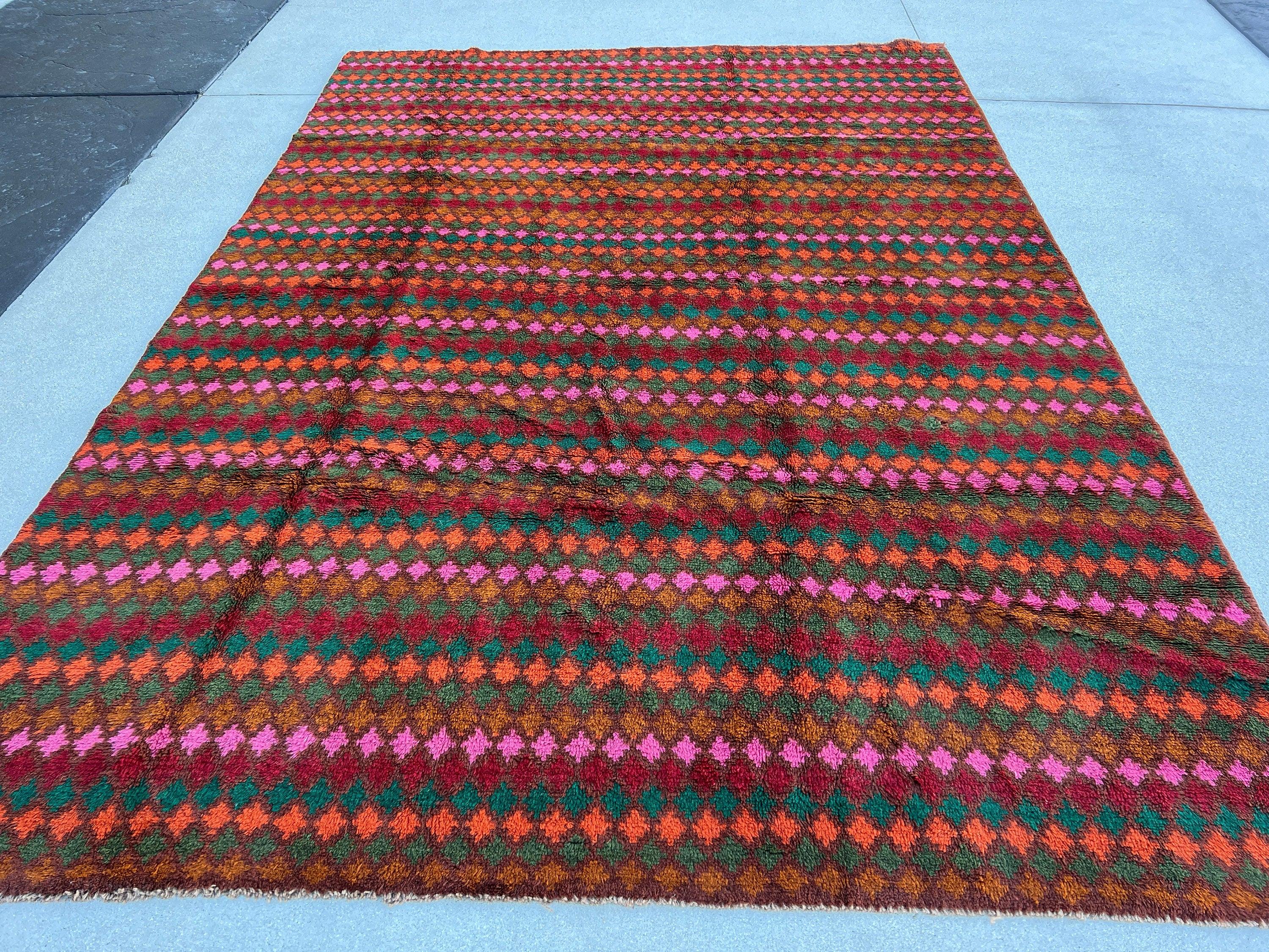 7x10 (215x305) Handmade Vintage Baluch Afghan Rug | Purple Mauve Auburn Chocolate Rose Pink Orange Pine Moss Green Taupe | Geometric Wool