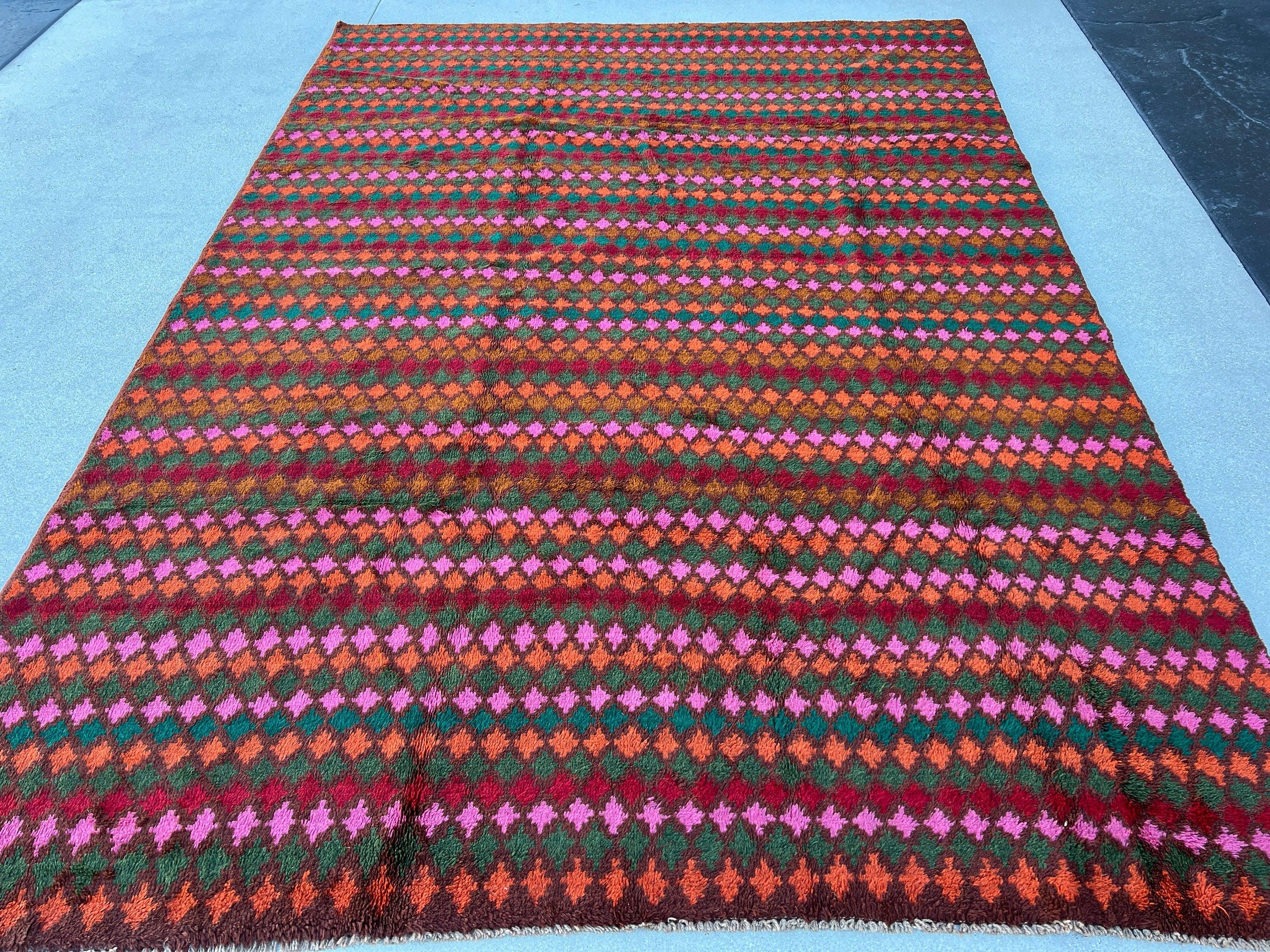 7x10 (215x305) Handmade Vintage Baluch Afghan Rug | Purple Mauve Auburn Chocolate Rose Pink Orange Pine Moss Green Taupe | Geometric Wool