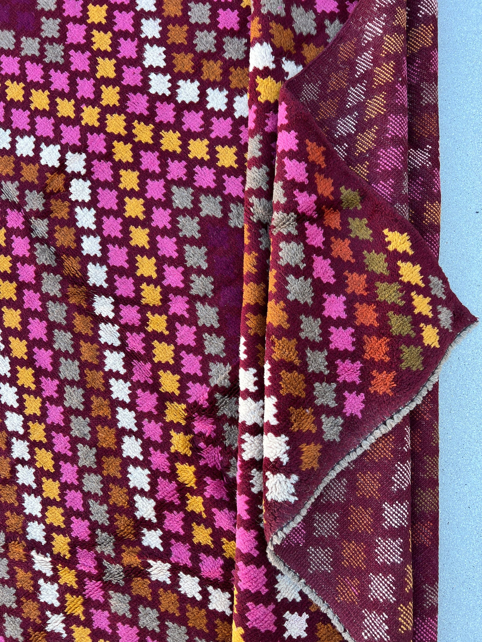 7x10 (215x305) Handmade Vintage Baluch Afghan Rug | Burgundy Red Ivory Rose Pink Charcoal Grey Orange Cream Taupe Gold | Geometric Wool Boho