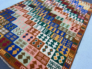 4x6 Handmade Vintage Baluch Afghan Rug | Chocolate Copper Brown Royal Blue Tea Green Golden Yellow Pine Green Cream Peach Cream Ivory Wool