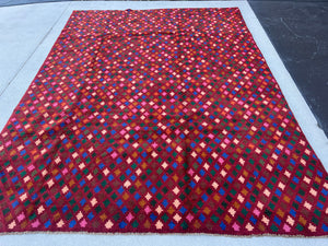 7x10 (215x305) Handmade Vintage Baluch Afghan Rug | Crimson Red Pine Green Salmon Pink Chocolate Brown Blue Forest Green Rose Pink Geometric