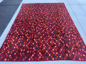 7x10 (215x305) Handmade Vintage Baluch Afghan Rug | Crimson Red Pine Green Salmon Pink Chocolate Brown Blue Forest Green Rose Pink Geometric
