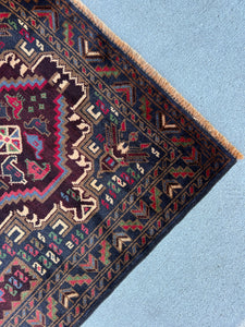 3x5 (100x180) Handmade Vintage Baluch Afghan Rug | Garnet Red Black Cream Beige Cherry Red Fern Green Denim Blue Ivory Chocolate Brown Wool