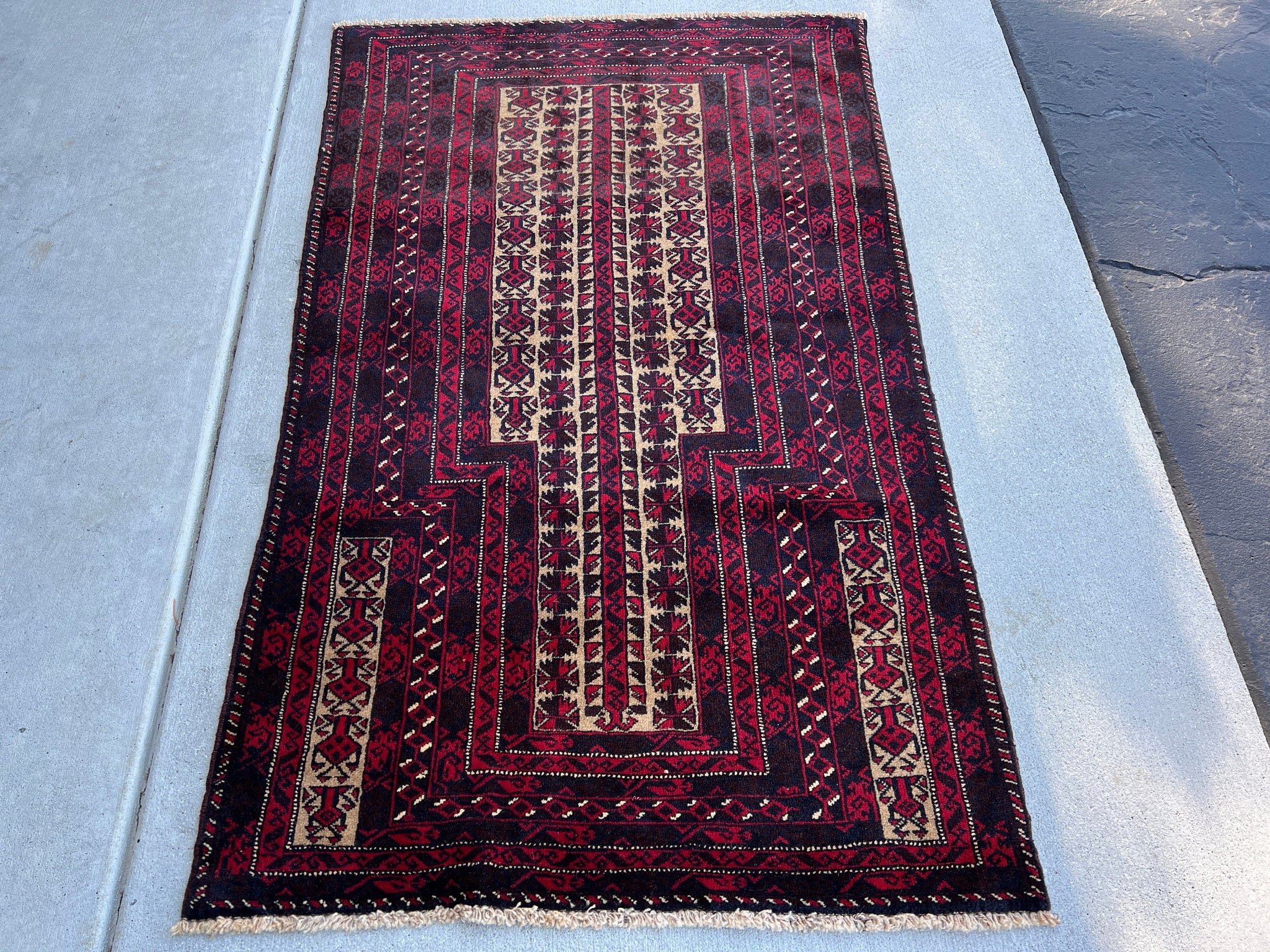 3x5 (100x180) Handmade Vintage Baluch Afghan Rug Blood Red Black Cream Beige Hand Knotted Oriental Turkish Wool Persian Bohemian /Geometric