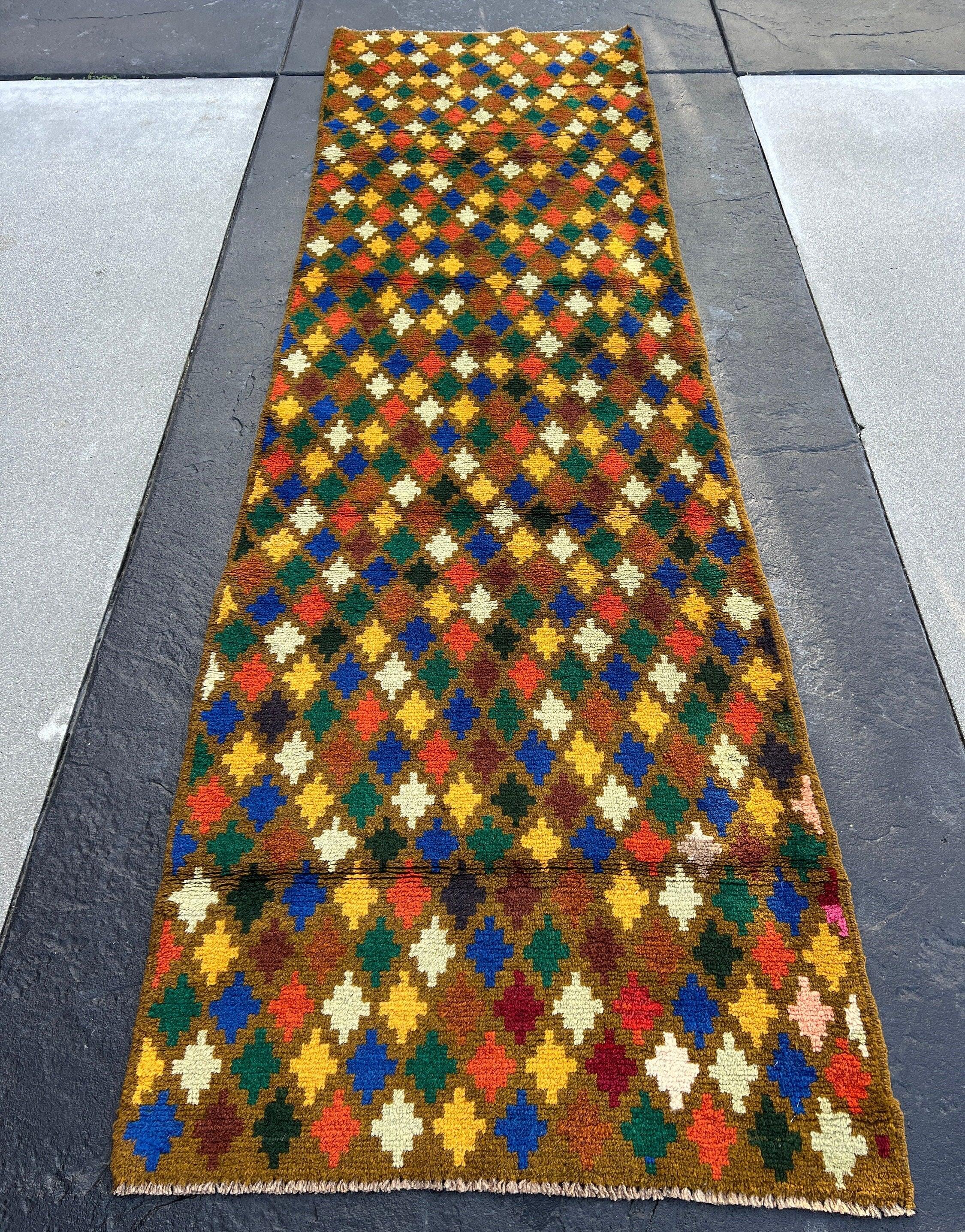 3x9 (90x275) Handmade Vintage Baluch Afghan Runner Rug Hazel Olive Brown Gold Ivory Blue Mustard Forest Green Chocolate Purple Burnt Orange