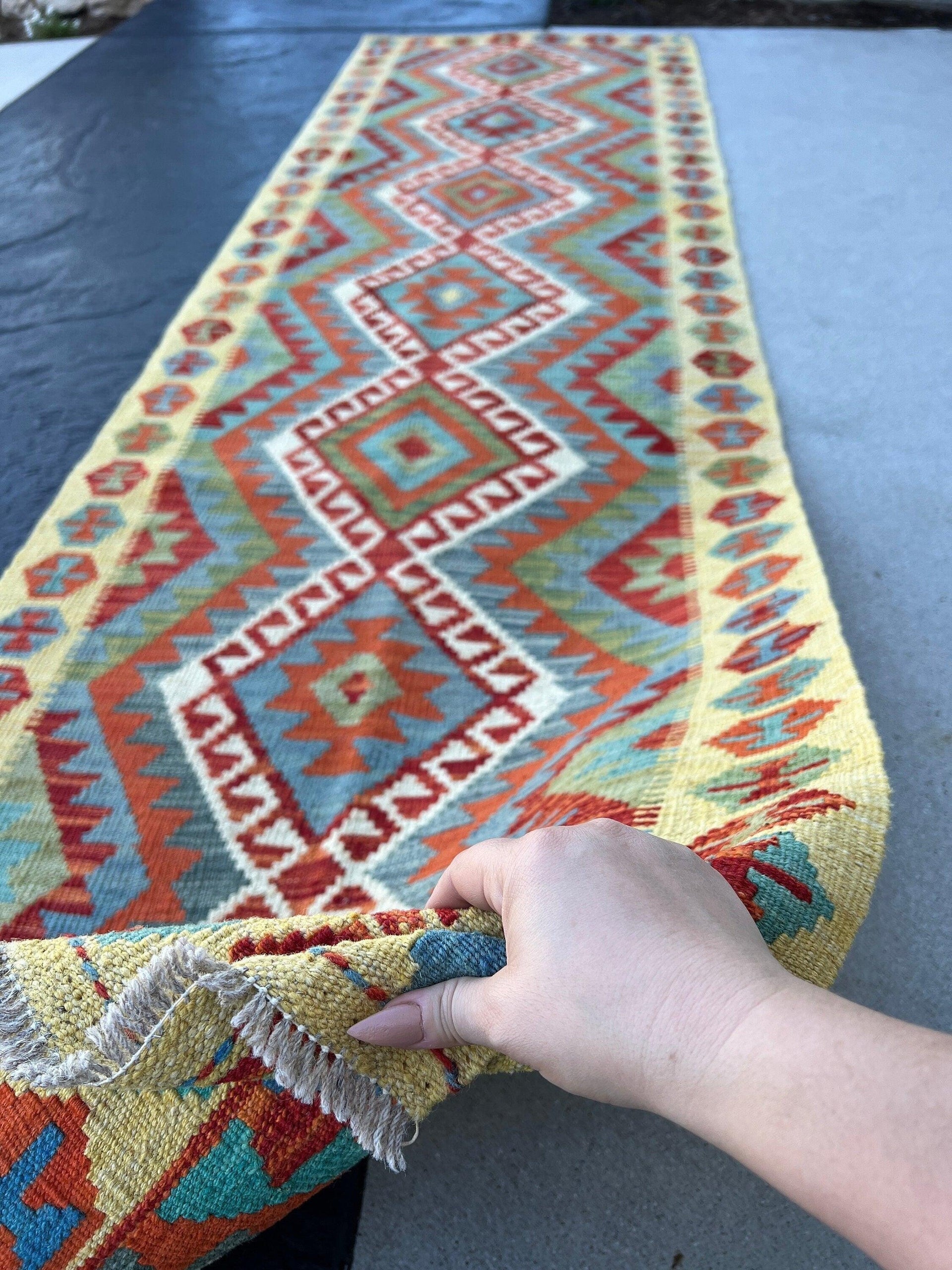 3x10 (90x335) Handmade Afghan Kilim Runner Rug | Teal Burnt Orange Ivory Blood Red Moss Green Olive Green | Hand Knotted Geometric Wool