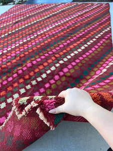 7x10 (210x322) Handmade Vintage Baluch Afghan Rug | Crimson Red Ivory Pine Green Moss Green Chocolate Brown Burnt Orange Grey Blush Pink