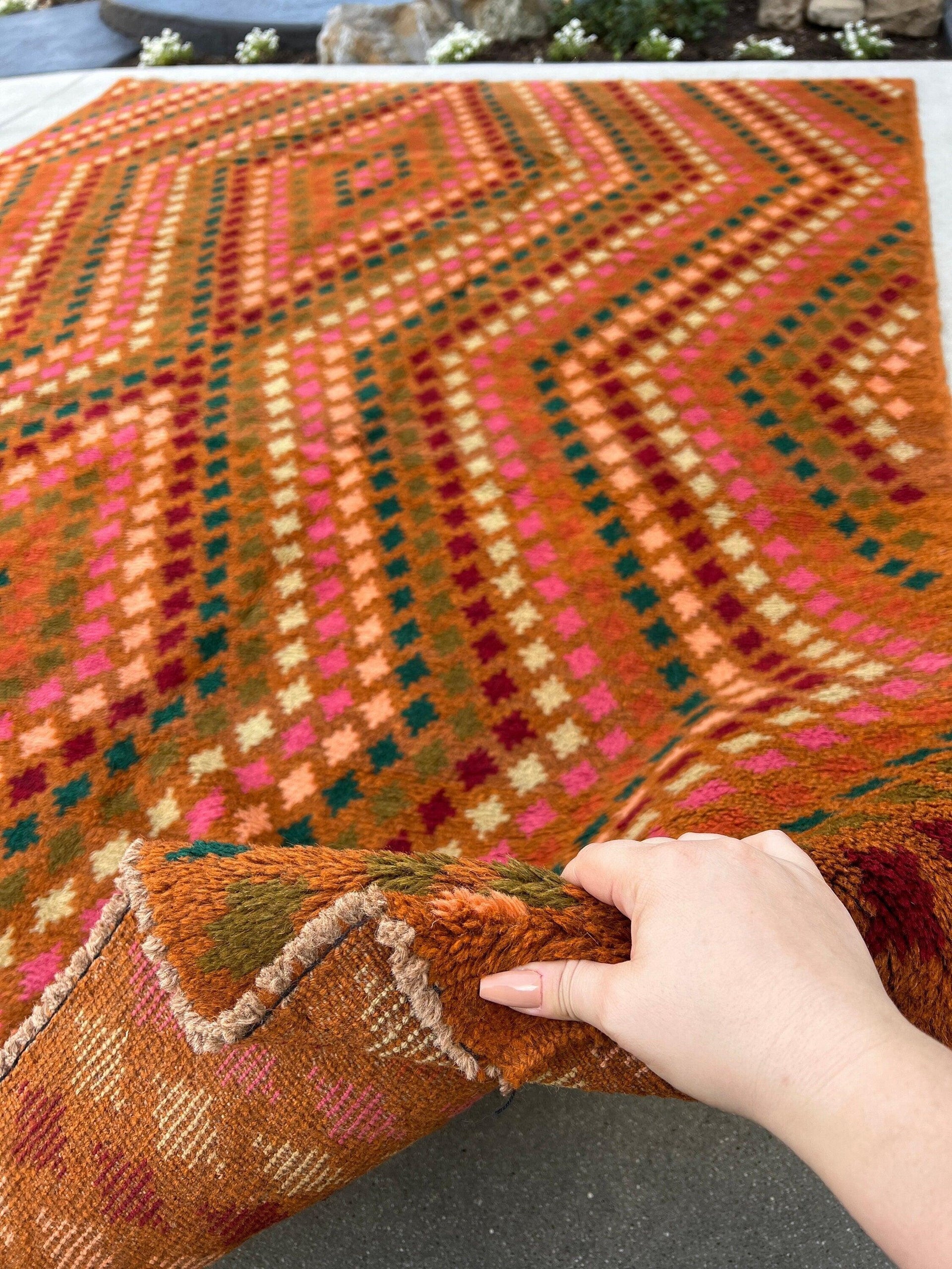 7x10 (215x305) Handmade Vintage Baluch Afghan Rug | Mustard Yellow Caramel Pine Green Mustard Yellow Rose Pink Mahogany Blush Pink Boho Wool