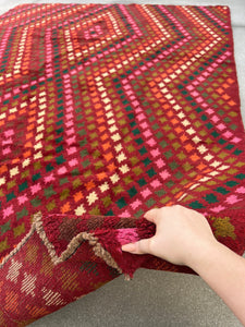 7x10 (215x305) Handmade Vintage Baluch Afghan Rug | Cherry Red Orange Pine Green Ivory Olive Green Rose Blush Pink Chocolate Geometric Wool