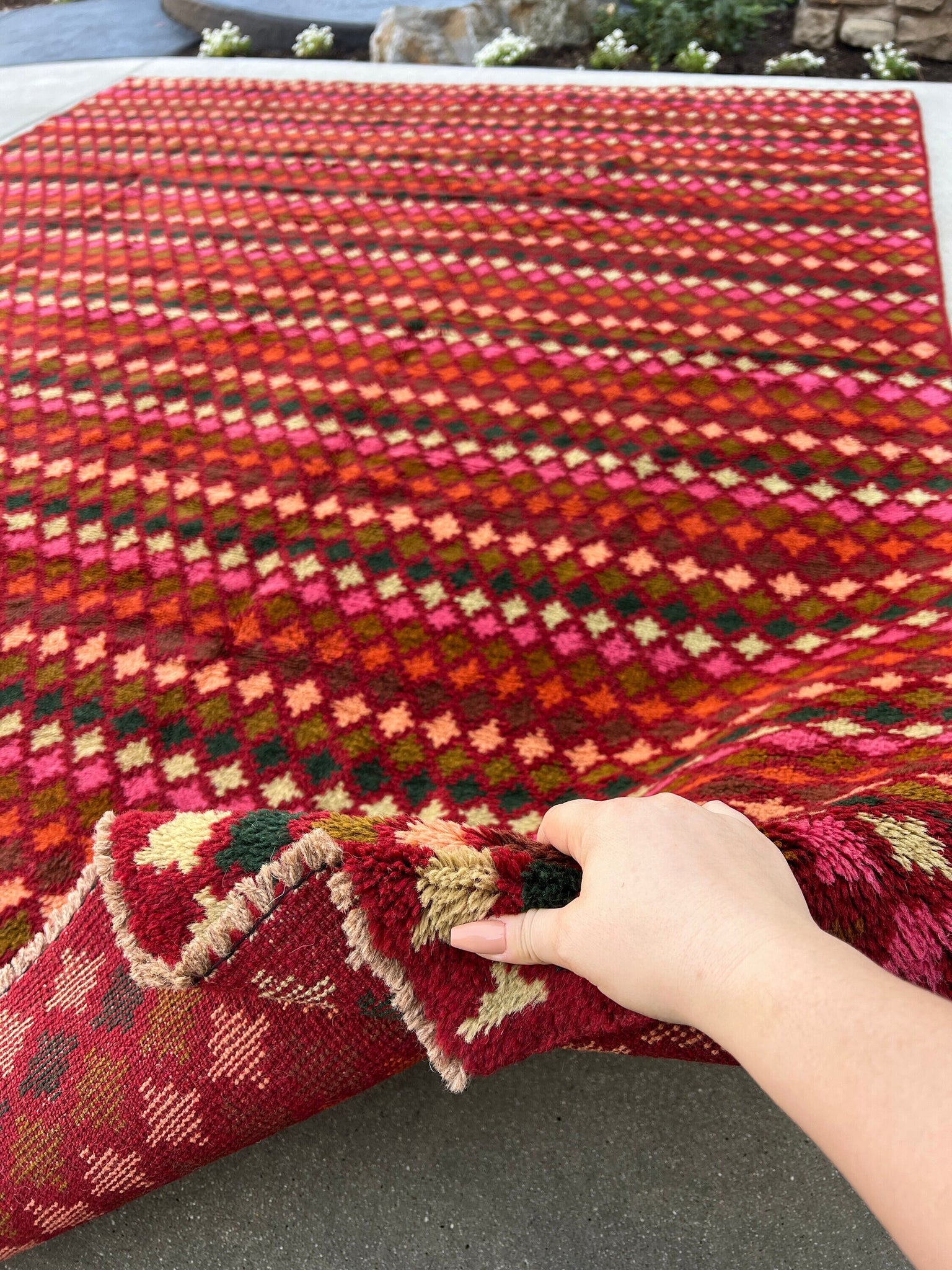 7x10 (215x305) Handmade Vintage Baluch Afghan Rug | Red Orange Pine Green Ivory Olive Green Rose Blush Pink Purple | Geometric Wool Boho