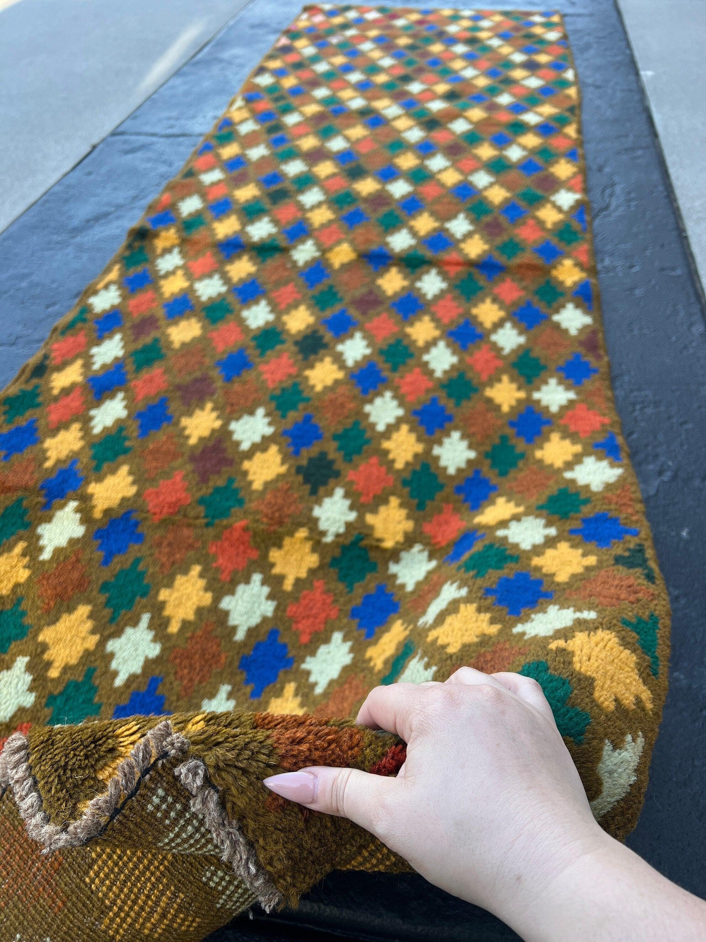 3x9 (90x275) Handmade Vintage Baluch Afghan Runner Rug Hazel Olive Brown Gold Ivory Blue Mustard Forest Green Chocolate Purple Burnt Orange