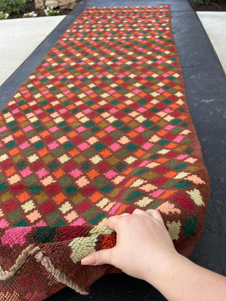 3x9 (90x275) Handmade Vintage Baluch Afghan Runner Rug Purple Mauve Auburn Chocolate Pine Blush Pink Burnt Orange Olive Moss Rose Pink Ivory