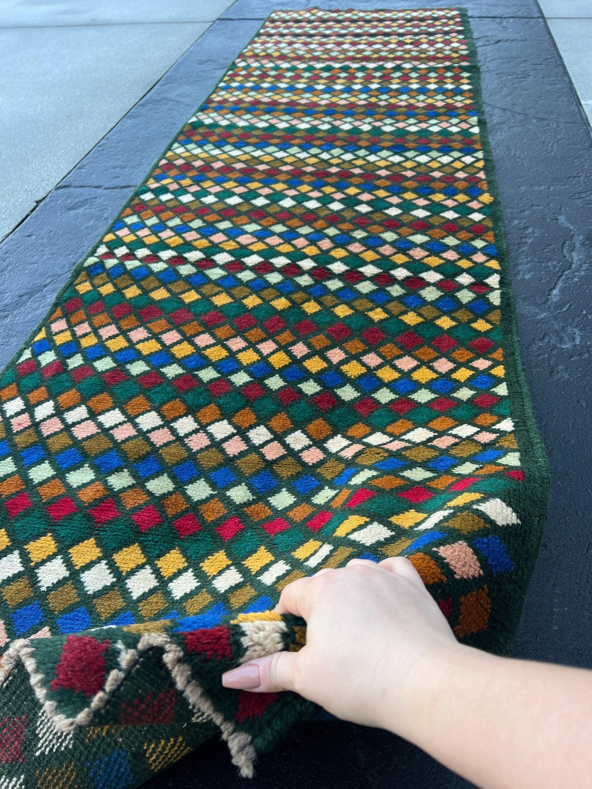 3x9 (90x275) Handmade Vintage Baluch Afghan Runner Rug | Pine Green Cherry Red Pink Turquoise Ivory Moss Green Mustard Blue Copper Brown