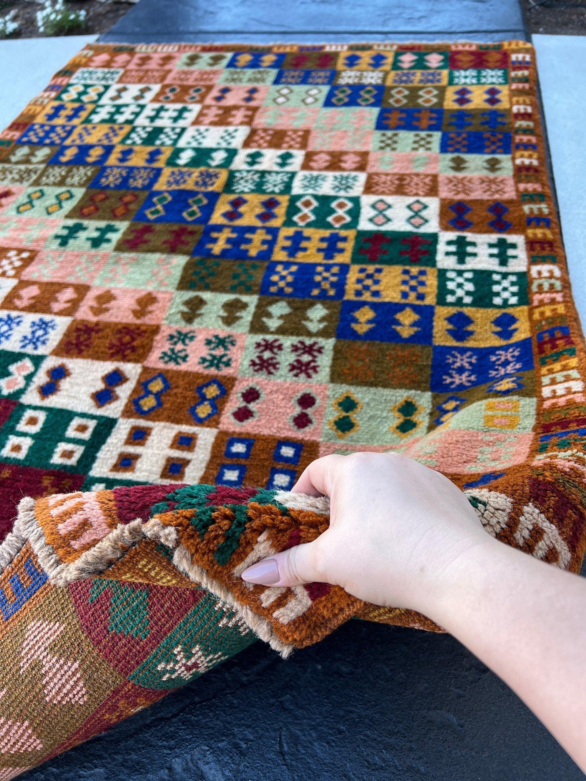 4x6 Handmade Vintage Baluch Afghan Rug | Chocolate Copper Brown Royal Blue Tea Green Golden Yellow Pine Green Cream Peach Cream Ivory Wool