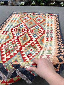3x5 (120x150) Handmade Afghan Kilim Rug | Navy Blue Coral Peach Brick Red Ivory Olive Green Teal Lilac Moss Green | Geometric Hand Knotted