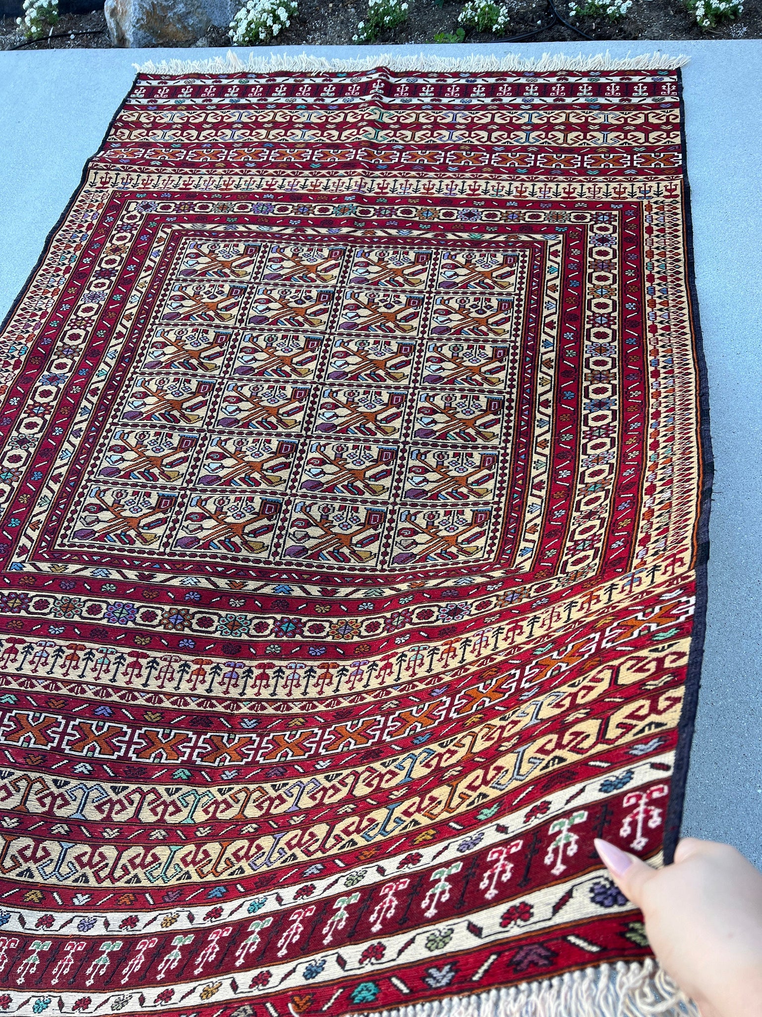 4x7 (120x215) Handmade Vintage Soumak Afghan Rug Crimson Red Cream Beige Mahogany Baby Blue Black Turquoise Ivory Purple Taupe Burnt Orange